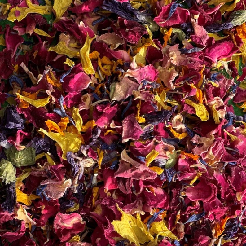 Edible 'Over The Rainbow' Dried Flower Petal Mix Orange Marigold, Red and Pink Rose, Blue Cornflower, Purple Mallow afbeelding 5