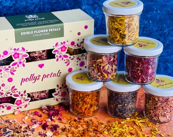 Edible Dried Flower Petal Collection - 6 x 120ml Jars in a Presentation Box - Cornflower, Yellow and Orange Marigold, Pink & Red Rose