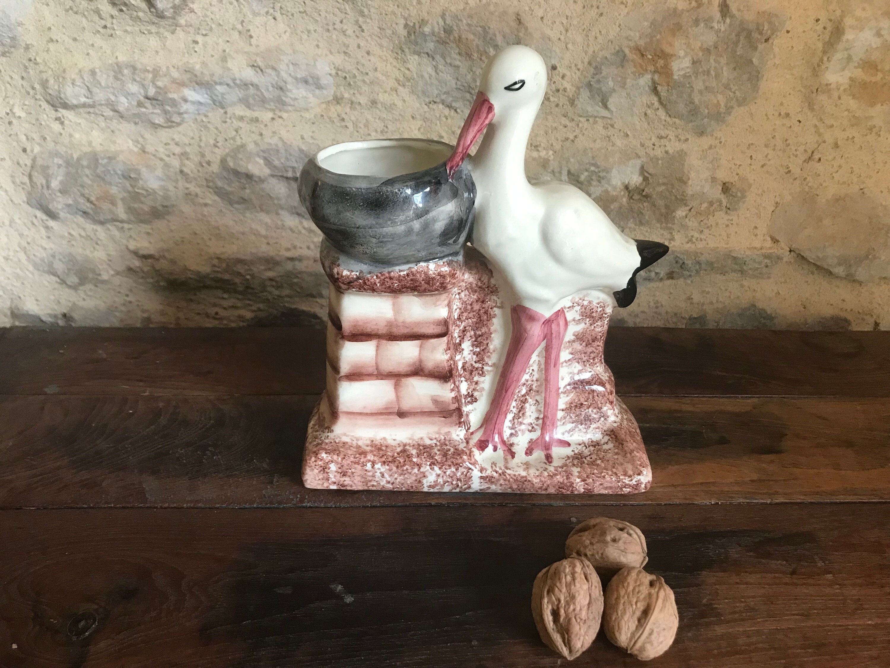 Français Cigogne en Céramique Vintage, Baby Shower, Cadeau d'accouchement