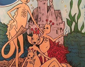 Puede incluir: Una pintura de una familia de cuatro criaturas antropomorfas parecidas a peces. La familia está de pie frente a un castillo con una torre. El fondo es un cielo azul con nubes blancas y burbujas. Las criaturas llevan todas coronas y tienen acentos rojos y blancos. La pintura está hecha en un estilo de dibujos animados.