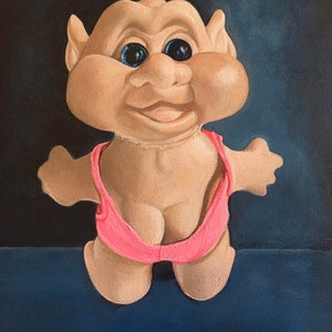 May include: A painting of a troll doll with a tan complexion, large cheeks, and blue eyes. The troll is wearing a pink bikini bottom. The background is a dark blue.