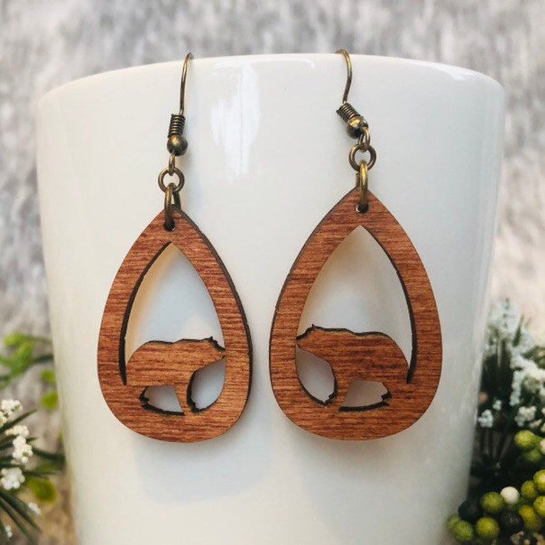 Bear earrings teardrop earrings laser cut wooden jewelry animal jewelry nature earrings teacher gift
