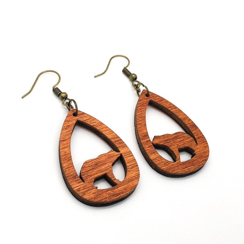 Bear earrings teardrop earrings laser cut wooden jewelry animal jewelry nature earrings teacher gift
