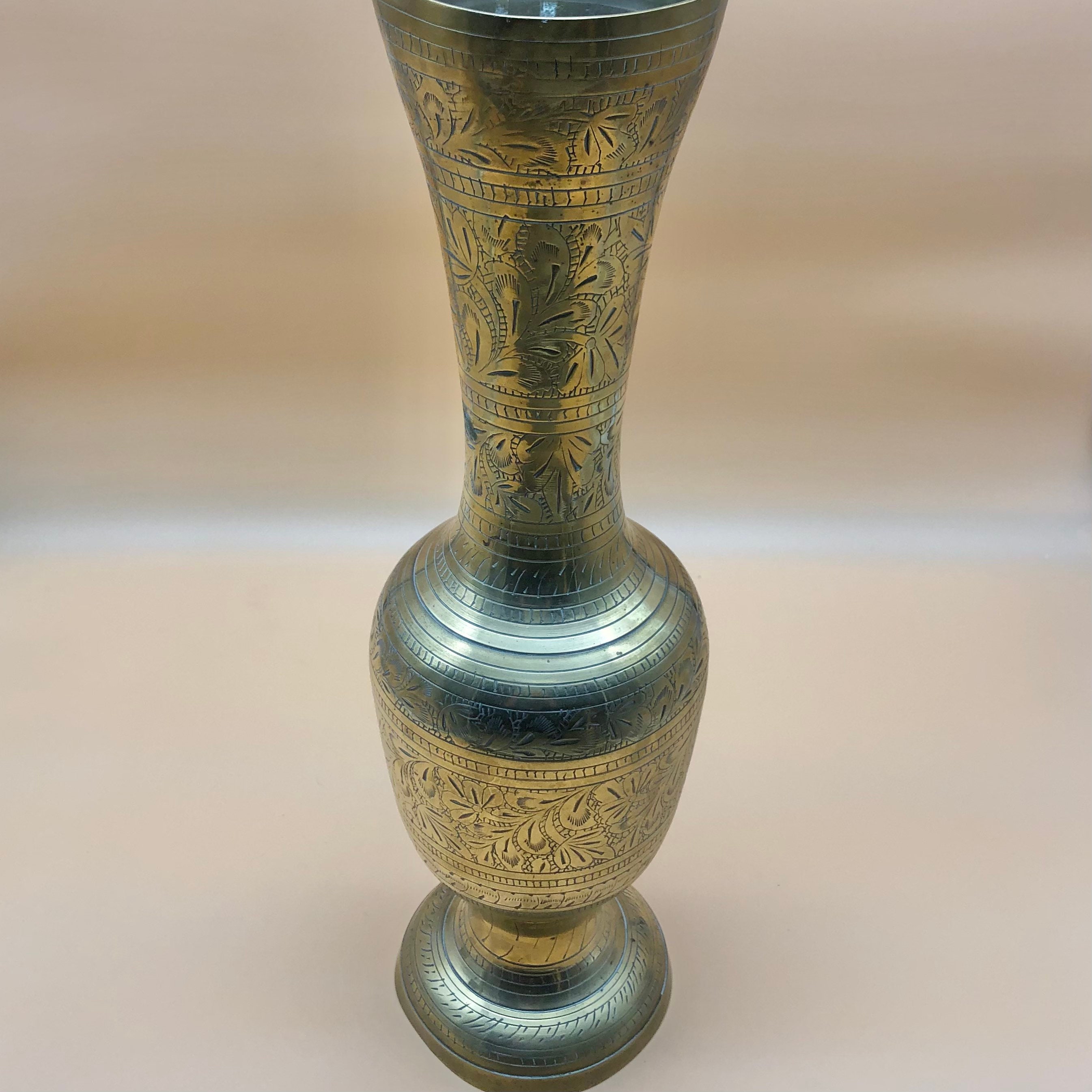 Vintage Large Solid Brass Vase Etched Brass Floor Vase Etsy UK