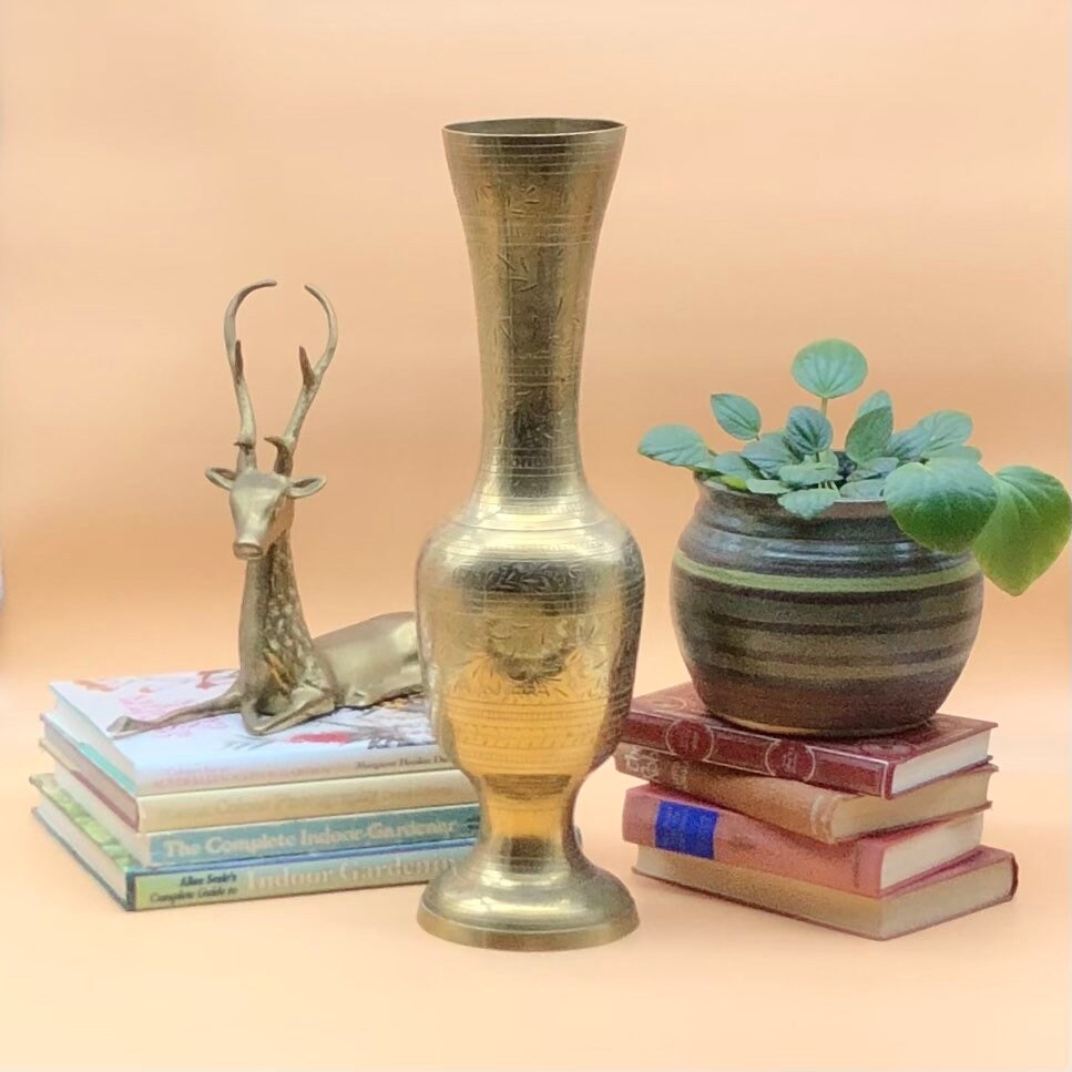 Vintage Large Solid Brass Vase Etched Brass Floor Vase Etsy UK