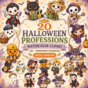 Halloween-yrken Clipart, 20 akvarell PNG-figurer, söt läskig digital nedladdning
