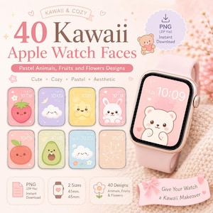 Puede incluir: Un Apple Watch rosa con una caja dorada muestra una cara de oso. La imagen promociona 40 esferas Kawaii Apple Watch con diseños pastel de animales, frutas y flores. El texto dice "Give Your Watch a Kawaii Makeover."