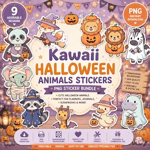 May include: A digital sticker bundle featuring nine illustrations of animals in Halloween costumes, including a panda vampire, a fox witch, a lion pumpkin, a zebra ghost, a mummy elephant, a wizard raccoon, a bat giraffe, a duck witch, and a hippo ghost.