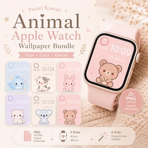 以下が含まれることがあります： パステルカラーの可愛い動物デザインのApple Watch壁紙バンドル。画像には、クマのデザインのピンク色のApple Watchと、他の6つの動物をテーマにした壁紙が表示されています。「Pastel Kawaii」と「Animal Apple Watch Wallpaper Bundle」というテキストが含まれています。