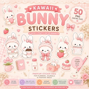Kawaii Bunny Stickers | 50 PNG Digital Files (GoodNotes Compatible)