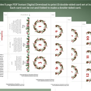 May include: Printable Christmas countdown cards with a green wreath design and red berries. Each card has a number from 1 to 12 and a short Christmas-themed quote. The cards are designed to be cut out and folded to create a double-sided card set.