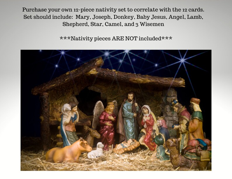 May include: A traditional nativity scene with figurines of Mary, Joseph, Baby Jesus, the three wise men, a shepherd, an angel, a donkey, a camel, a lamb, and a star. The scene is set in a wooden stable with straw on the floor.