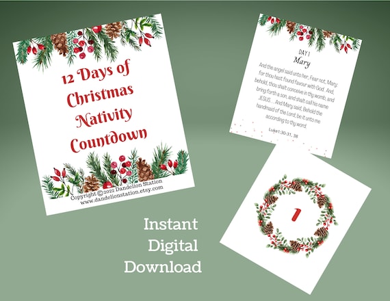 Nativity Countdown Cards, 12 Days of Christmas Scripture (Digital Download)