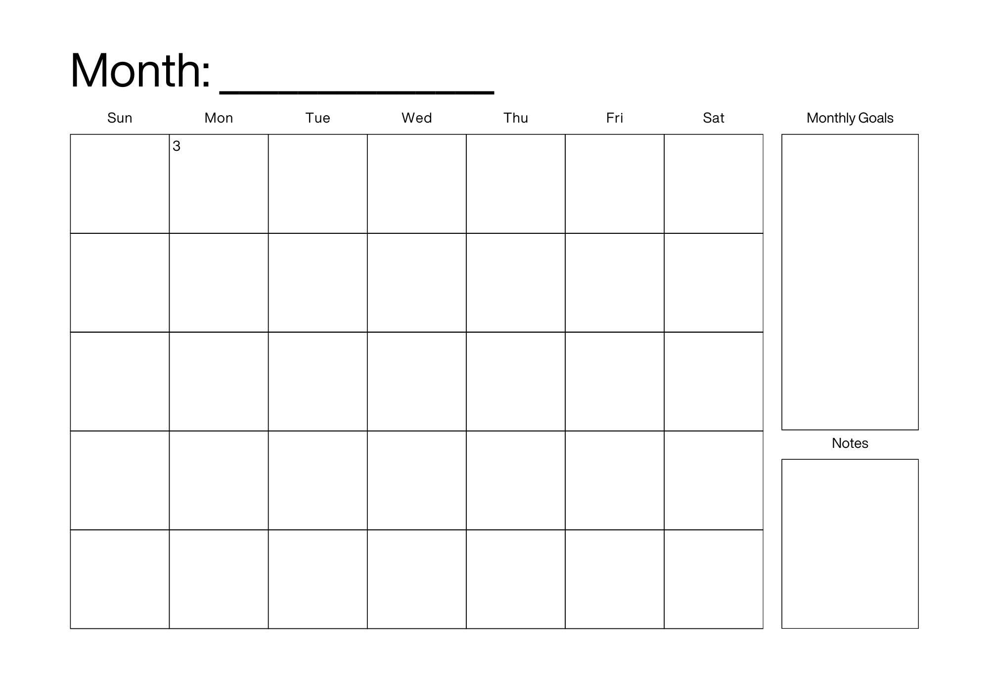 Simple Blank Monthly Universal Calendar With Monthly Goals and Notes - Etsy