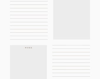 Puede incluir: Un planificador minimalista para trabajar desde casa con un fondo gris claro. El planificador presenta páginas rayadas para notas y espacios en blanco etiquetados como "Home" y "Work". El texto "WORK FROM HOME PLANNER" está en la parte superior.