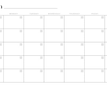 May include: A blank monthly calendar template with a simple, minimalist design. The word "Month" is at the top, above a horizontal line. Days of the week are listed across the top, with boxes for each day. The calendar is in black and white.