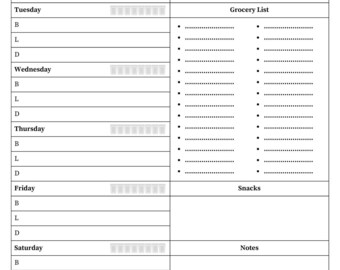 May include: A monochrome weekly meal plan template, featuring sections for each day of the week. It includes spaces for breakfast, lunch, and dinner, alongside sections for goals, grocery lists, snacks, and notes.