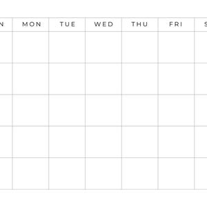 May include: A blank white monthly calendar grid with the days of the week across the top. The days are abbreviated: SUN, MON, TUE, WED, THU, FRI, SAT. The calendar has five rows of boxes for the dates.
