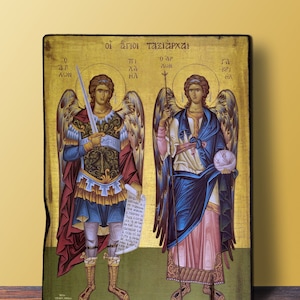 Synaxis of the Holy Archangels Icon MEDIUM 14x20cm-5.51x7.87in Michael and Gabriel Byzantine Greek Orthodox Religious Handmade Wooden Icon