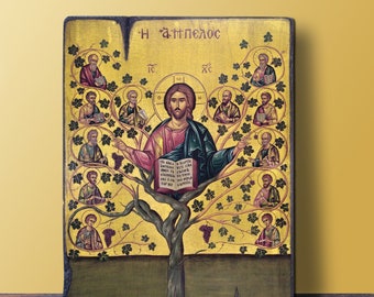 Cristo l&#39;albero della vite Icona MEDIA 14 x 20 cm-5,51x7,87 pollici Icona in legno fatta a mano greco-ortodossa bizantina