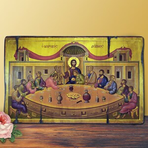 Last Supper Icon, MEDIUM 19,5x12cm - 7.68x4.72in Byzantine Greek Orthodox Handcrafted Wooden Icon, Religious Wall Art, Easter gift