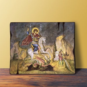 Saint George MEDIUM Icon, Great Martyr, Byzantine Greek Orthodox Handcrafted Wooden Wall Hanging Icon, ChristianWall Art Gift,