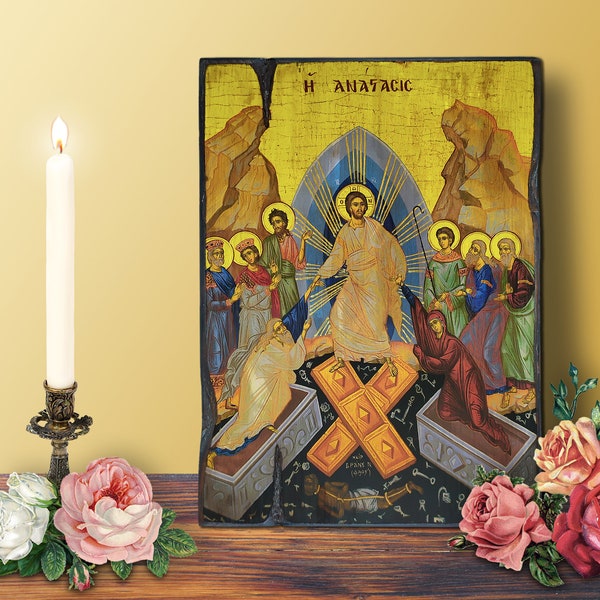 Resurrection Icon of Jesus Large 19x26cm-7.48x10.24in Our Lord Rising from The Dead Byzantine Orthodox Handcrafted Wooden Icon Wall Hanging