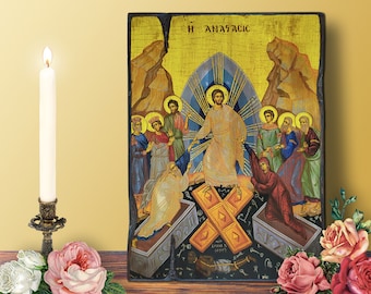 Resurrection Icon of Jesus MEDIUM 14x20cm-5.51x7.87in  Our Lord Rising from The Dead Byzantine Orthodox Handcrafted Wooden Icon