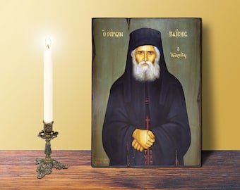 Saint Paisios Icon Monk of Athos Large Size 19x26cm-7.48x10.24in Byzantine Greek Orthodox Handmade Wooden Icon