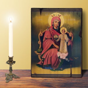 Unwithering Rose Virgin Mary and Child LARGE 19x26cm-7.87x10.24in Byzantine Greek Orthodox Handcrafted Wooden Icon Mother&#39;s Day Gift