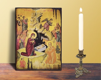 Icoon van de geboorte van Christus MEDIUM 14 x 20 cm - 5,5 x 7,9 in Byzantijns Grieks-orthodox handgemaakt houten icoon, kerstcadeau, muurdecoratie