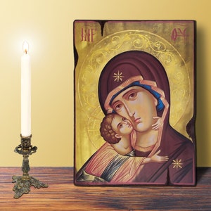 Sweet Kissing Virgin and Child, SMALL 10x14cm-3.94x5.51in Byzantine Greek Orthodox Handmade Wooden Icon, birthday, name-day