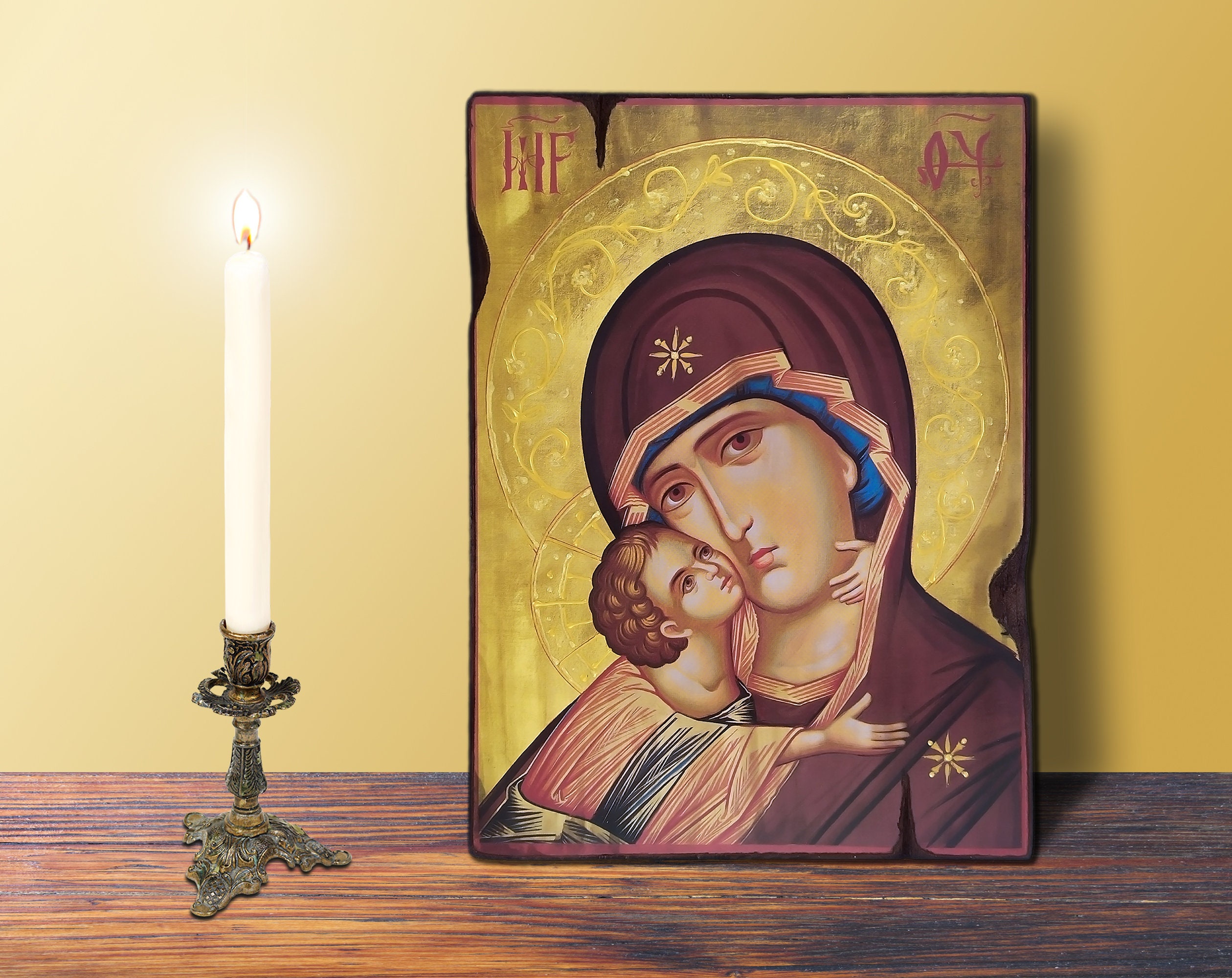 Sweet Kissing Virgin and Child, MEDIUM 14x20xcm-5.51x7.87in Byzantine Greek Orthodox Handmade Wooden Icon, birthday, name-day