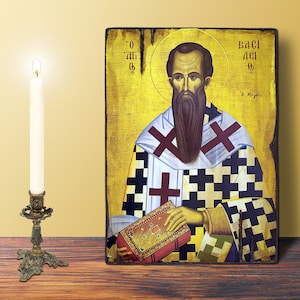 Heiliger Basilius Die große Ikone mittlere Größe 14 x 20 cm-5.51x7.87 in byzantinischer, griechisch-Orthodoxer, handgemachter hölzerner Ikone