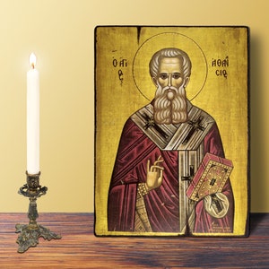 Saint Athanasius of Alexandria Icon Large Size 19x26cm-7.48x10.24in Byzantine Greek Orthodox Handcrafted for Fathers Day Gift