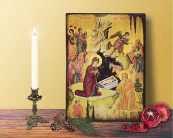 Nativity of Christ Icon LARGE 19x26cm - 7.48x10.24in Byzantine Greek Orthodox Handmade Wooden Icon, Christmas gift
