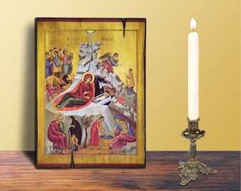 Icoon van de geboorte van Christus, GROOT 19 x 24,7 cm-7,48 x 9,72 in Byzantijns Grieks-orthodox handgemaakt houten icoon, kerstcadeau, wanddecoratie