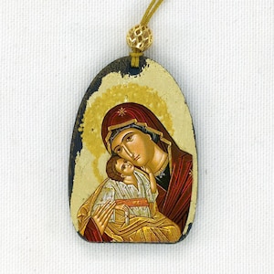 VIRGIN AND CHILD, handmade wooden pendant, Byzantine icon, Greek orthodox icon, Religious icon, birthday, nameday, baptism, graduation gift