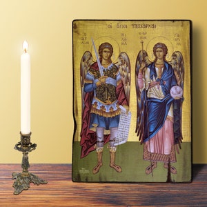 Synaxis of the Holy Archangels Michael and Gabriel, SMALL 10x14cm-3.94x5.51in Byzantine Greek Orthodox Handmade Wooden Icon, birthday