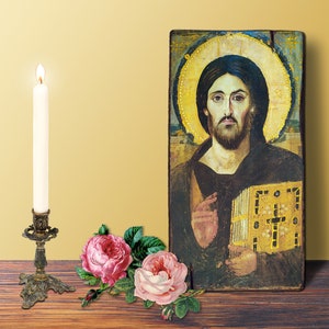 CHRIST PANTOCRATOR Sinai Large icon, 20x38x1,6 cm - 8x15x0.63 in | Byzantine Greek Orthodox Handmade Wooden Icon | home-warming gift