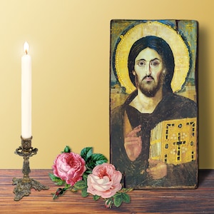 CHRIST PANTOCRATOR Sinai Large icon, 20x38x1,6 cm - 8x15x0.63 in | Byzantine Greek Orthodox Handmade Wooden Icon | home-warming gift