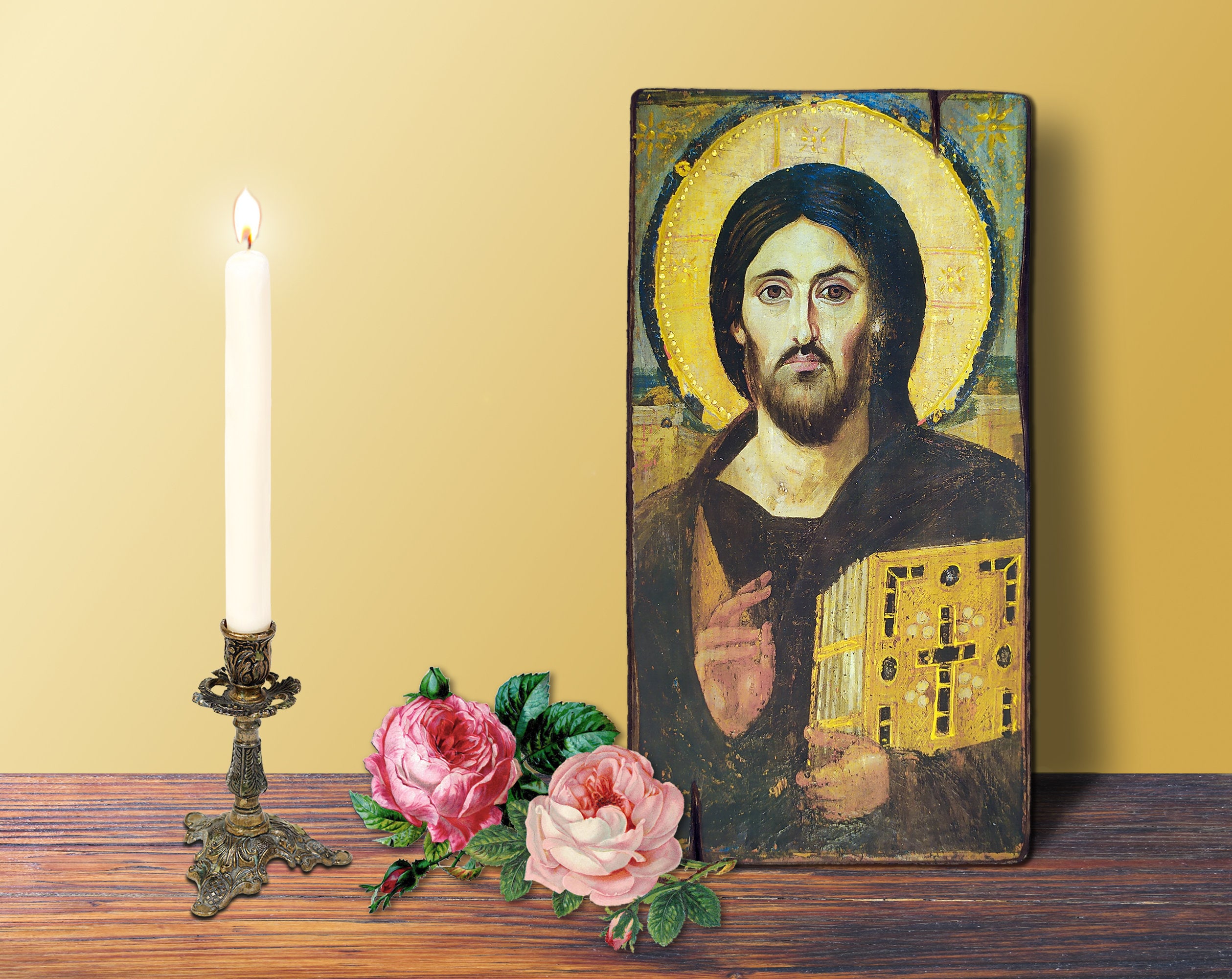 CRISTO PANTOCRATORE Sinai Grande icona, 20x38x1,6 cm - 8x15x0,63 pollici / Icona in legno fatta a mano greco-ortodossa bizantina / regalo per inaugurazione della casa