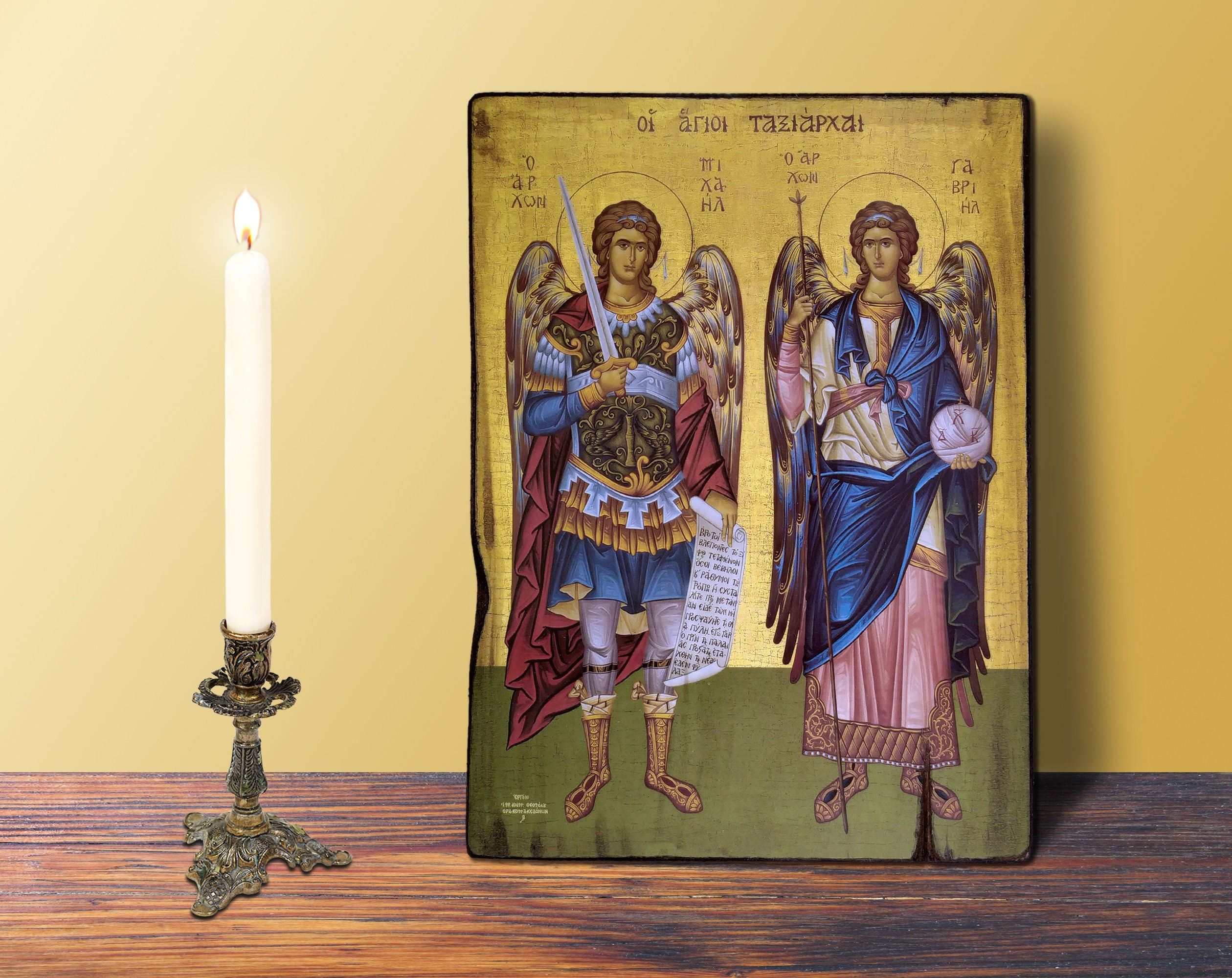 Synaxis of the Holy Archangels Icon MEDIUM 14x20cm-5.51x7.87in Michael and Gabriel Byzantine Greek Orthodox Religious Handmade Wooden Icon