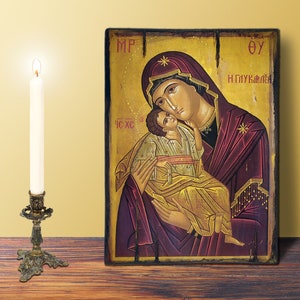 Sweet Kissing Virgin Mary and Child LARGE 19x26cm-7.87x10.24in Byzantine Greek Orthodox Handmade Wooden Icon birthday, name-day gift