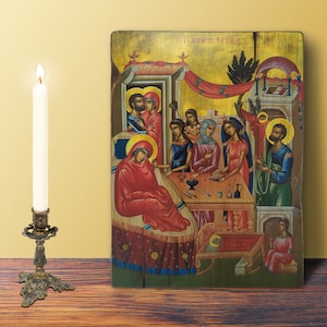 Nativity of the Blessed Virgin Mary Icon LARGE 19x26cm-7.48x10.24in  Byzantine Greek Orthodox Handcrafted Wooden Wall Hanging Icon