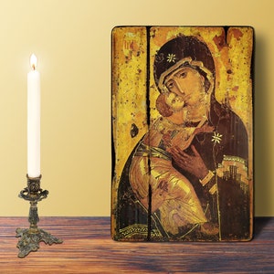 Grande icône Vierge de Vladimir avec l'enfant Jésus-Christ 19 x 26 cm - 7,5 x 10,24 po Icône religieuse grecque orthodoxe à suspendre Symbole religieux russe