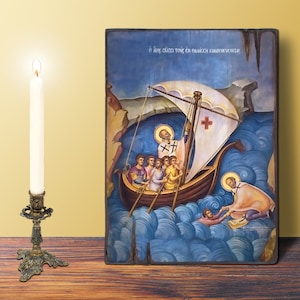 Icono de San Nicolás Auxilio de los Marineros Tamaño grande 19 x 26 cm-7,48 x 10,24 pulgadas Icono de madera hecho a mano ortodoxo griego bizantino