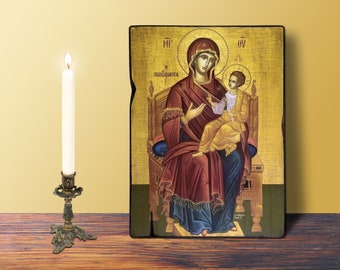 Queen of the Universe, Virgin and Child, LARGE 19x26cm-7.48x10.24in Byzantine Greek Orthodox Handmade Wooden Icon