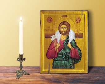 Cristo Buon Pastore GRANDE icona 19 x 26 cm - 7,48x10,24 pollici Cristiano Bizantino Greco Ortodosso Fatto a Mano Icona in Legno Arte Religiosa Regalo