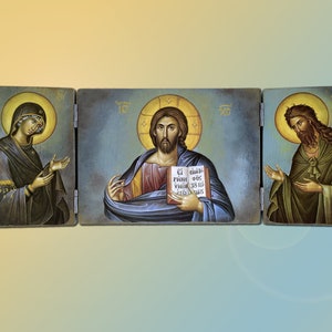 CHRIST BLESSING with Virgin Mary and Saint John, Byzantine Greek Orthodox Handmade Wooden Triptych, birthday name-day home-warming gift